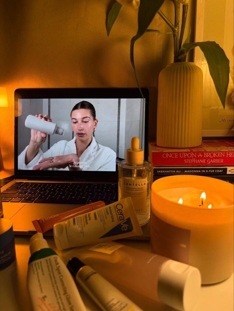  Lot of skin care products while watching Hailey Bieber do he skin care