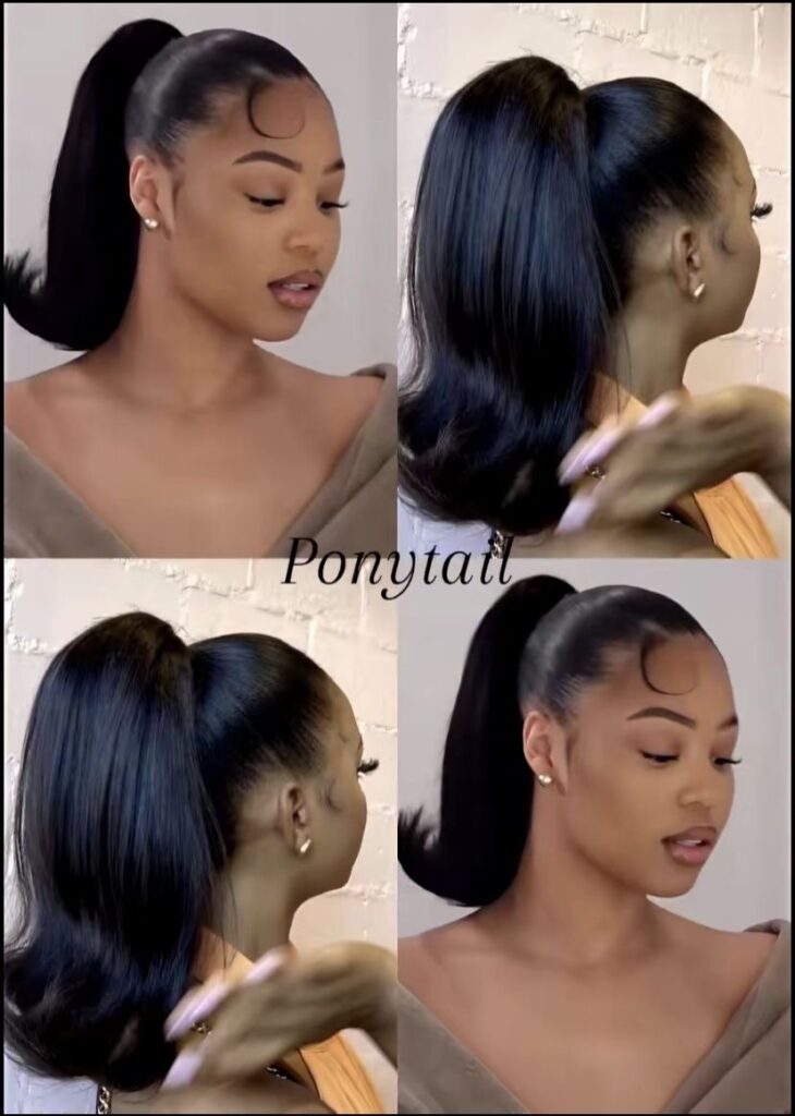 Lady putting on short ponytail