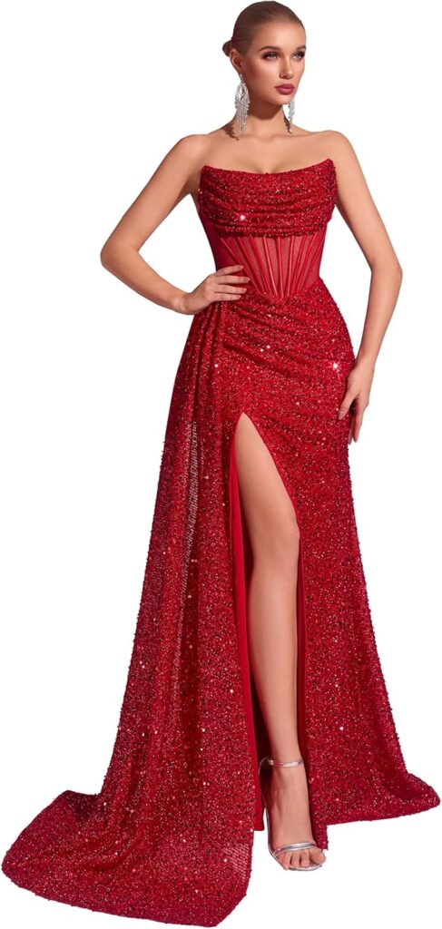 Lady putting on a gorgeous red verse sequin dress