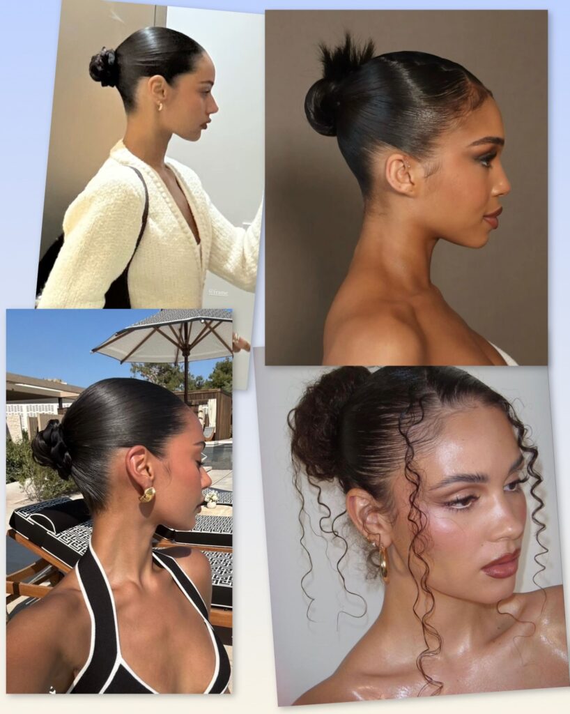 Ladies putting on sleek bun hairstyles 