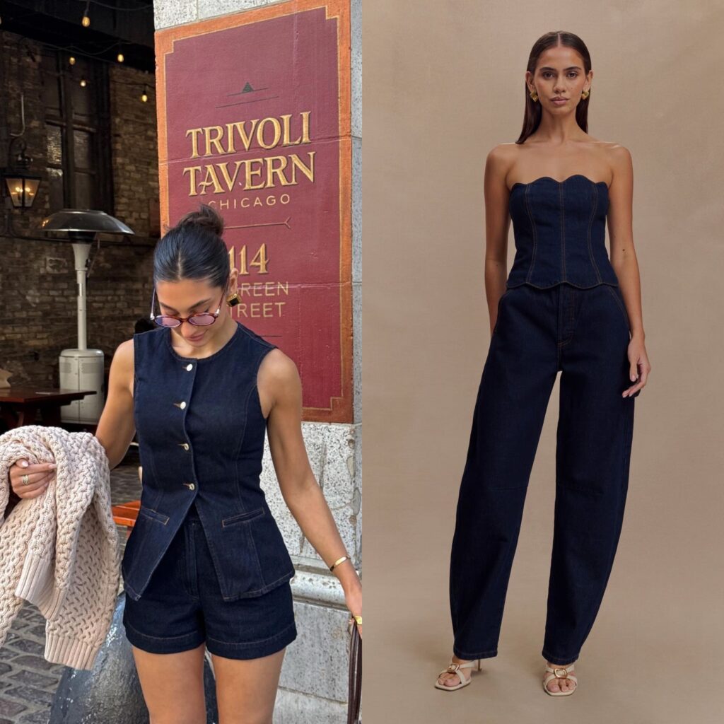 Lady putting on denim on denim for spring 