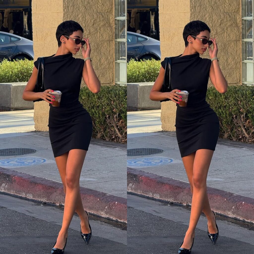 Lady putting on black mini dress with stiletto kitten heels