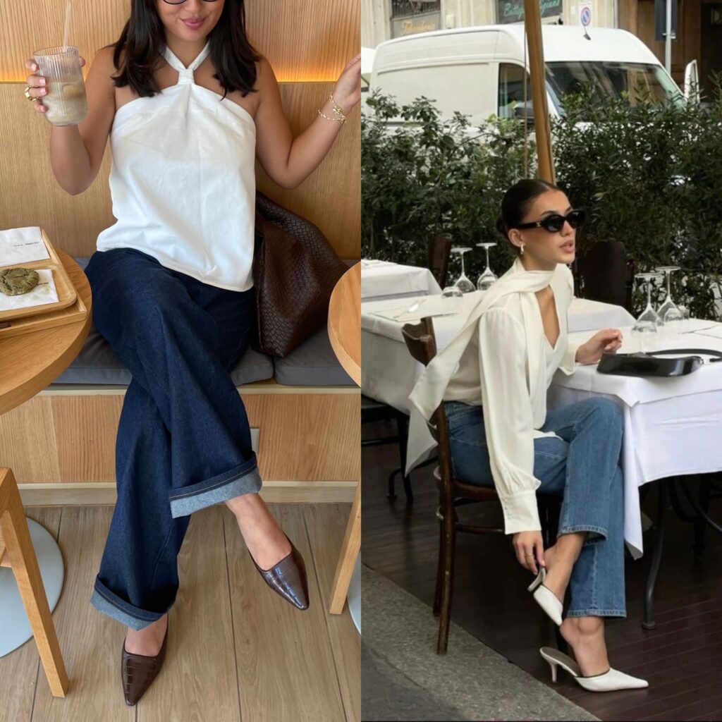 Lady putting on cute baggy jeans and white halter top