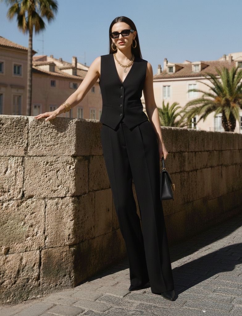 Lady putting on a vest suit