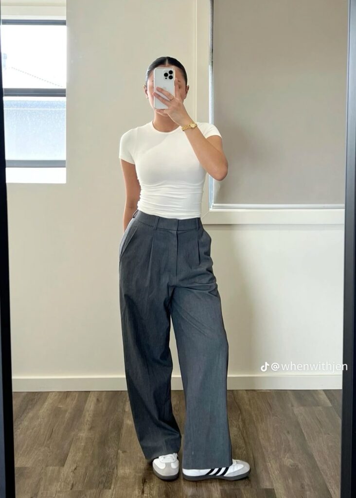 Lazy Fits for School: Cute, Simple & Comfy Outfits for School You’ll Actually Wear Lady putting on classy school outfit