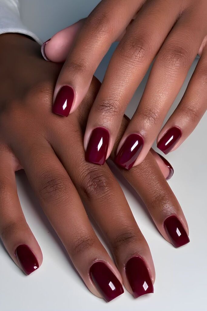 Burgundy short square nails 