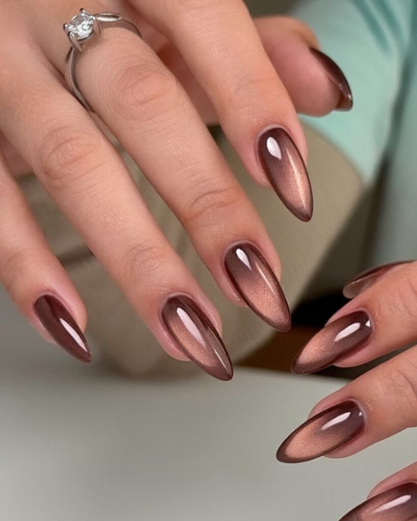Glossy brown almond nails