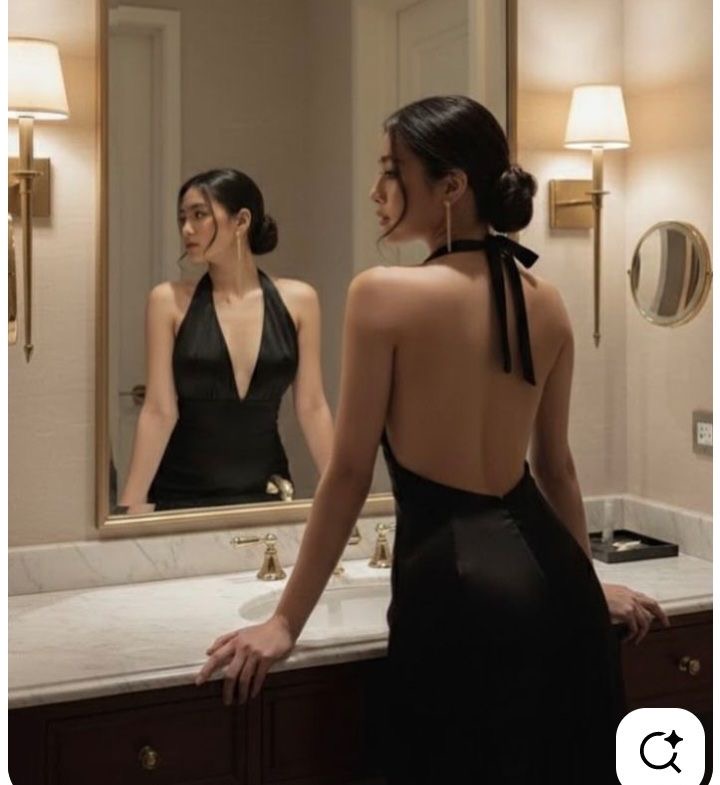 Lady putting on a classy backless dress 