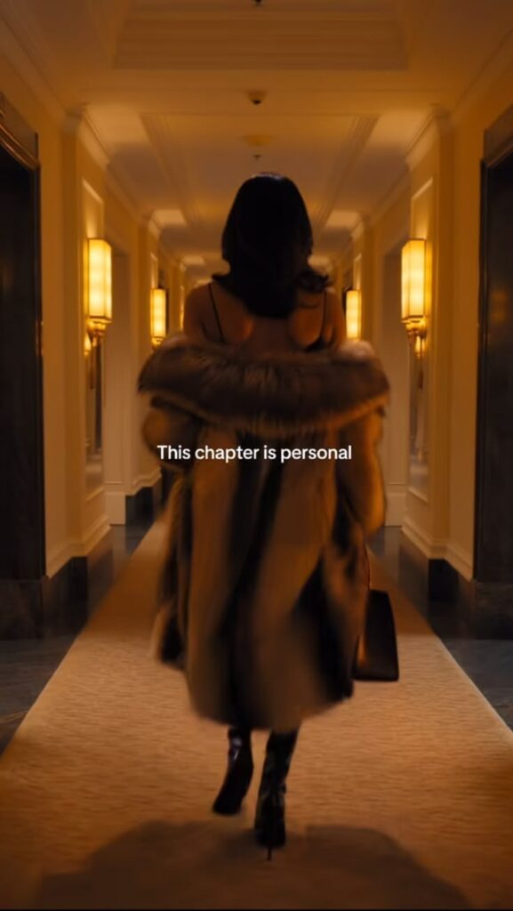 Pretty confident woman putting on a fur coat